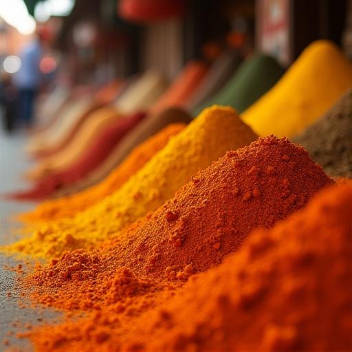 モロッコの市場に並ぶ色鮮やかなスパイスの山